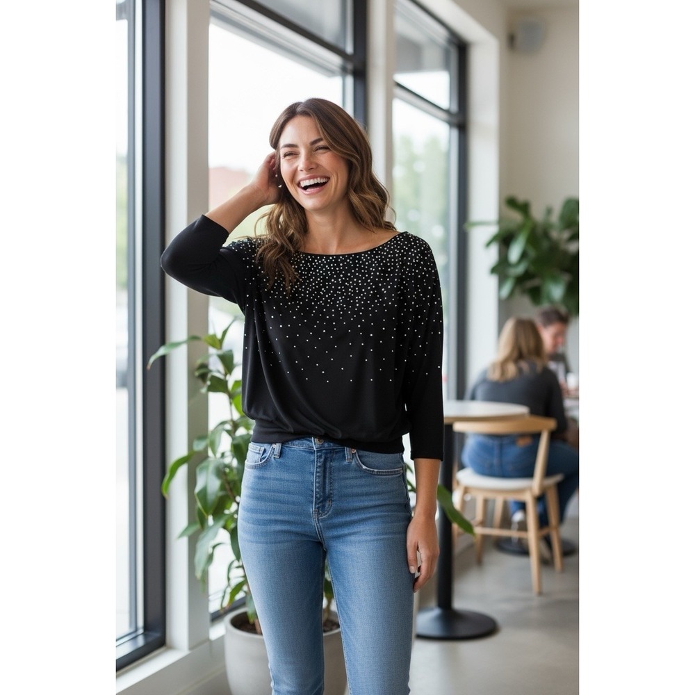 White House Black Market Women's Black Pullover W/ Silver Embellishment size XS